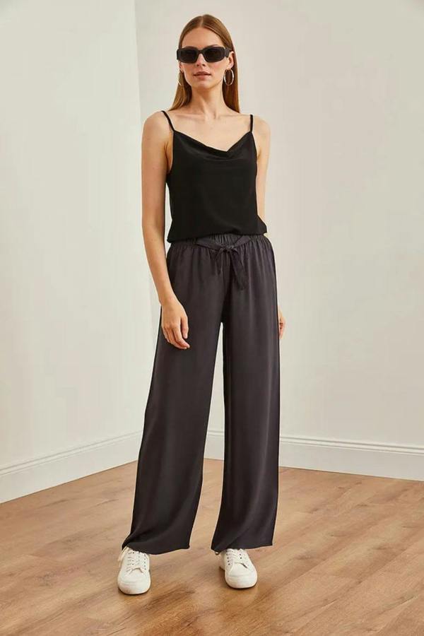 Hoxton Gal Basic Belted Woven Viscose Palazzo Pants