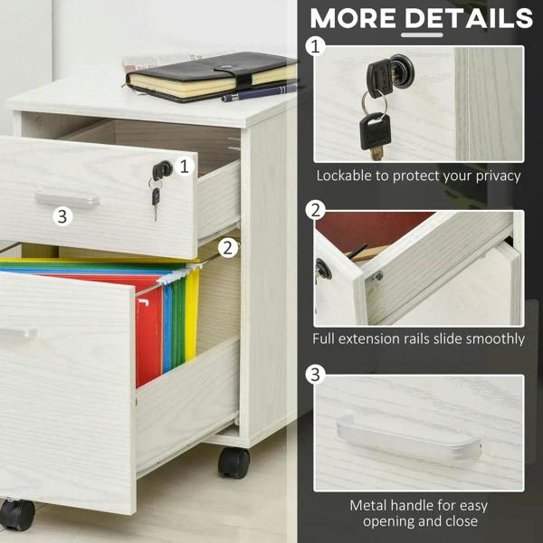 White filing cabinet showing lock, full-extension rails, and metal drawer handle