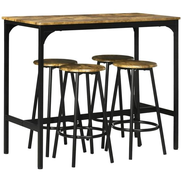 Industrial-style bar table with four round stools, rustic brown top and black metal frames