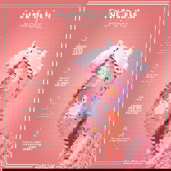 A pink children's water bottle, featuring a unicorn design, is being held; its full flip lid provides a 240° opening. The bottle is shown against a pink background. The text reads: “Full Flip Lid 240° Opening,” “Folds back a full 240°,” “Safer clear line of sight,” “Lid sits away from the face,” “Perfect for drinking on the go,” and “POD RECYCLON™.”