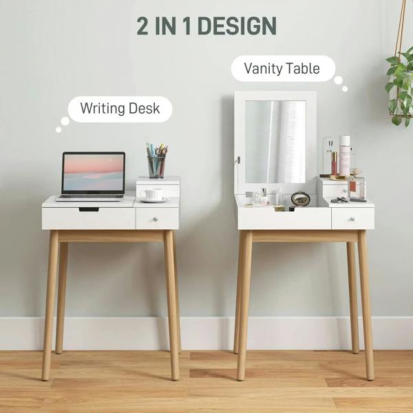 White vanity table with flip-up mirror and drawers, shown as desk-style setup