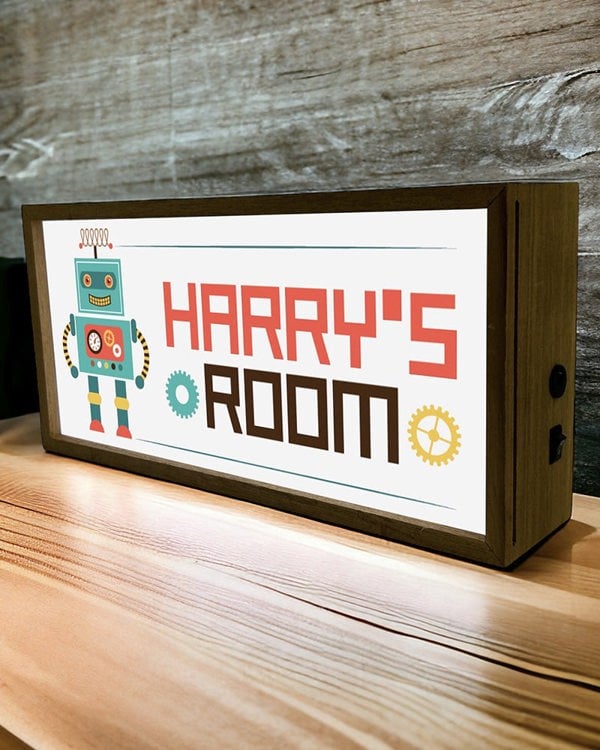 Personalised Robot Light Box for Kids. Custom LED Night Light with Retro Charm