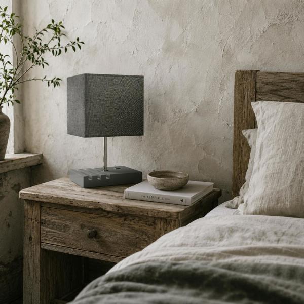 Wyld Haus Kata Wood And Fabric Grey Bedside Table Lamp With USB Charging Ports Phone Stands And Fabric Shade