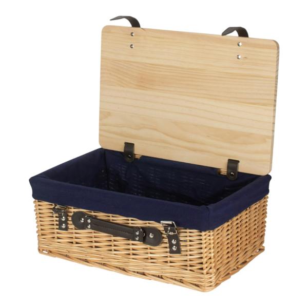 Buff Navy Lined Willow Picnic Basket with Pinewood Lid