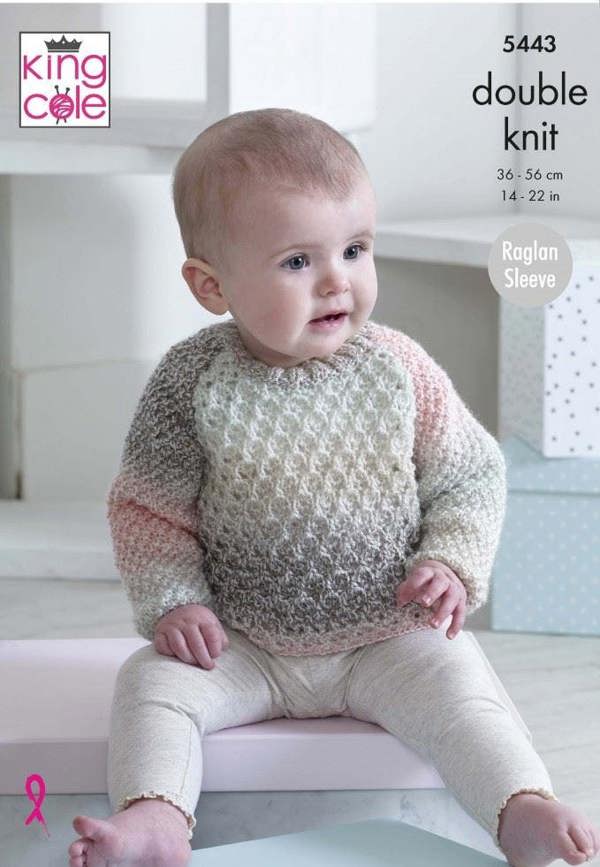 King Cole Melody DK Knitting Pattern 5443, Sweaters, Cardigans, Blankets for Baby, 14 - 22 Inches