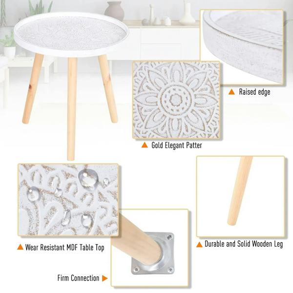 White round coffee table with carved floral top, raised edge, and solid wood legs