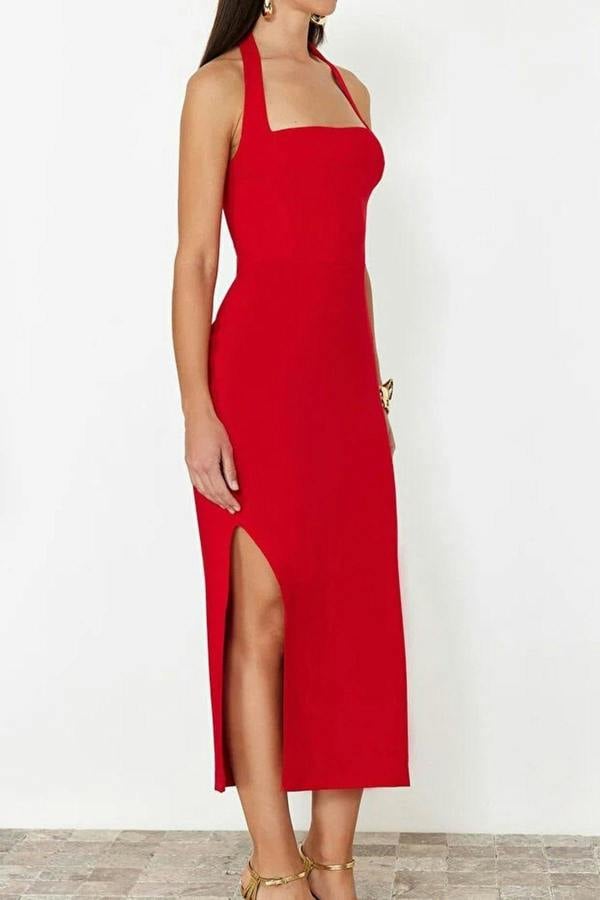 WOVCOR Body-Fitting Midi Woven Dress with Slit Detail
