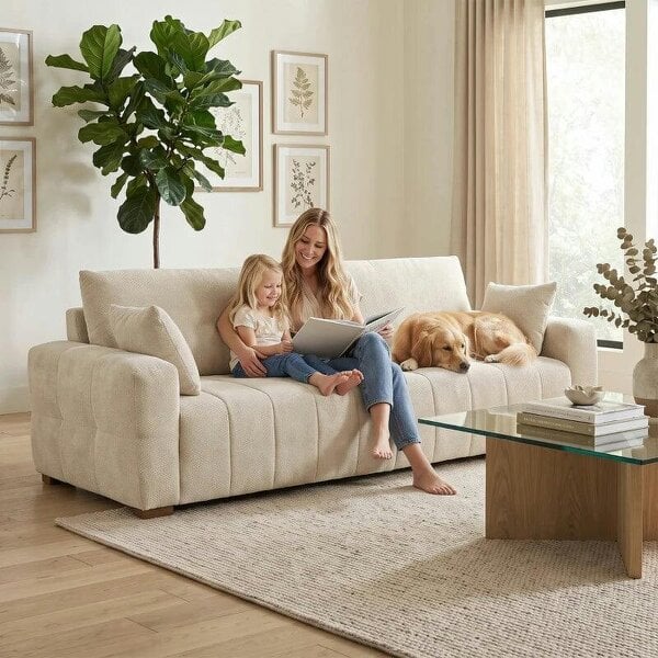 3 Seater Sofa, Upholstered Velvet Couch for Bedroom with Pillows, Padded Cushion and Wood Legs, Cream White