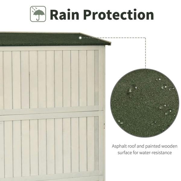 Grey wooden shed roof edge with rain-protection panel, two-door front