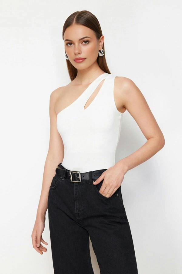 Asymmetric Neckline Cut Out Detail Single Sleeve Fitted Body