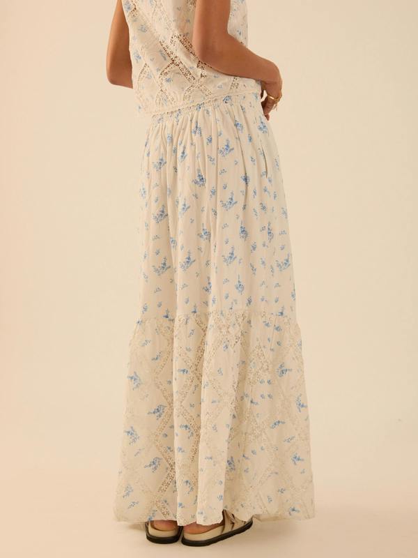 Rose & Nancy Nell White Cotton Printed Floral Lace Maxi Skirt