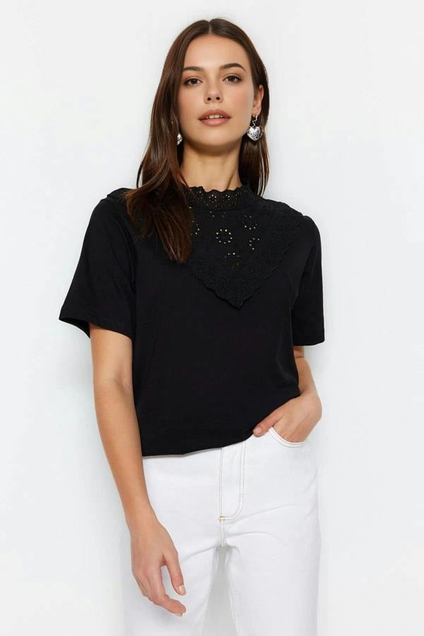 WOVCOR Embroidered High Neck Basic Regular Fit Cotton Knit Blouse