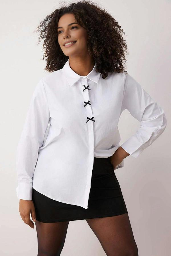 WOVCOR Long Sleeve Woven Plus Size Shirt with Bow Detail