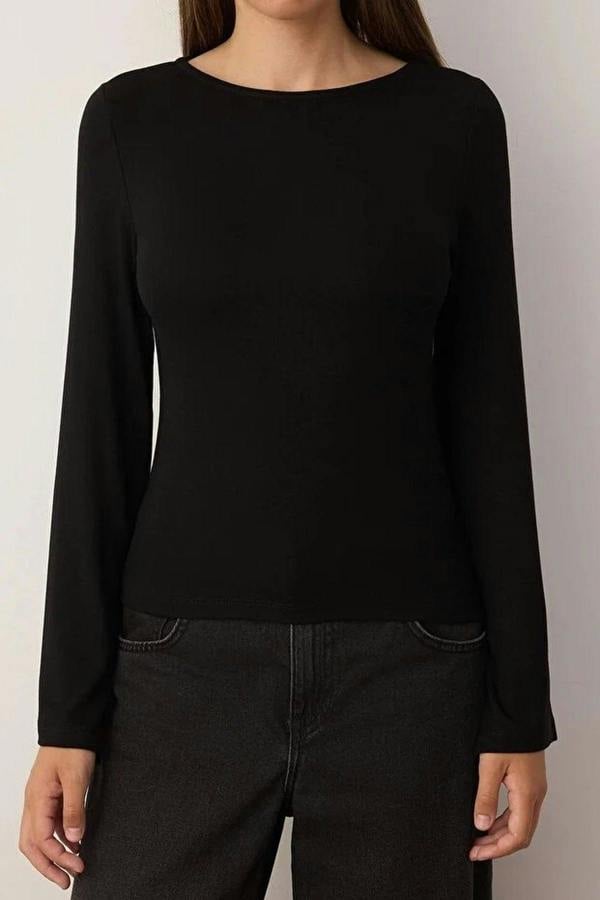 WOVCOR Fitted Boat Neck Soft Long Sleeve Flexible Knit Blouse