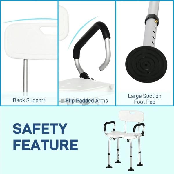 White shower chair featuring back support, flip padded arms, and large suction foot pads