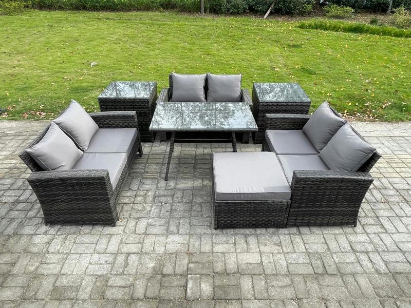 Fimous 7 PCS Outdoor Set, Wicker PE Rattan, Dining Table, Love Seat Sofa, 2 Side Tables and Big Footstool, Dark Grey Mixed