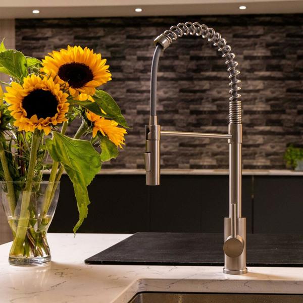 Flode Fjädra | Pull Out Kitchen Sink Mixer Tap | Spring Style Mixer Tap | Brushed Steel | Square Head