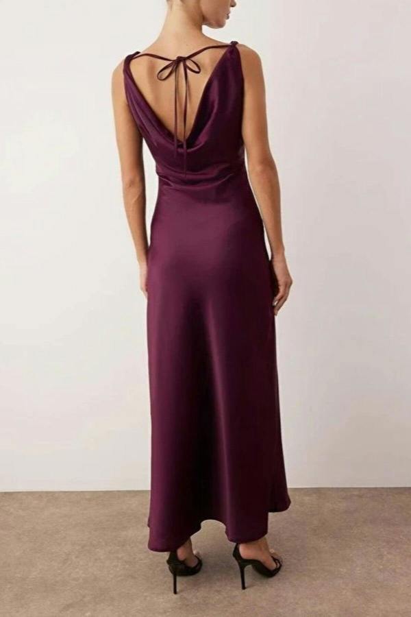 WOVCOR A-Line Cowl Neck Satin Maxi Elegant Dress