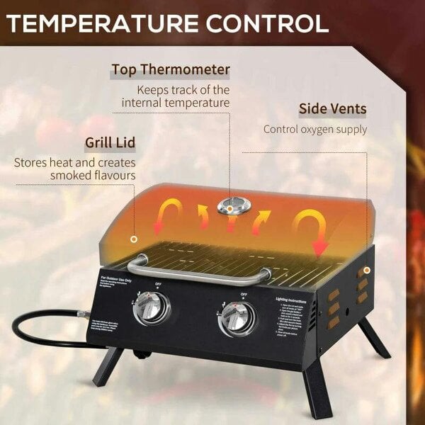 Bobobiy 2 Burner Gas BBQ Grill, 5.8 kW Outdoor Portable Folding Tabletop Barbecue w/ Lid, Thermometer, Carbon Steel, Black