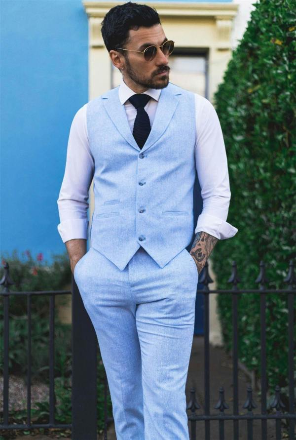Infinity Leather Men's Summer 2 Piece Suit Linen Formal Light Blue Waistcoat Trousers