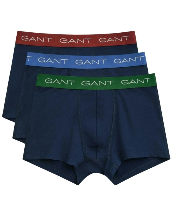 GANT 3-Pack Contrast Waistband Boxer Trunks, Navy w/ blue/green/burgundy