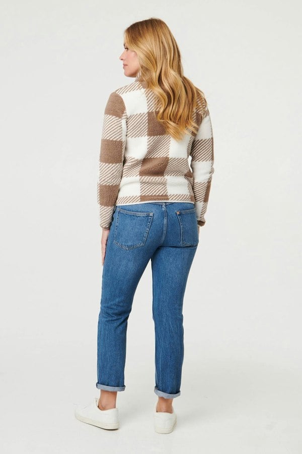 Brown | Checked High Neck Boxy Jacket
