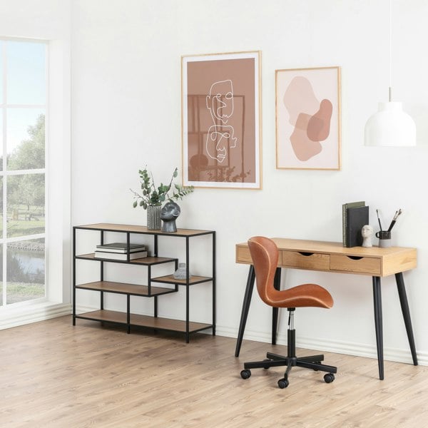 Furniture To Go Seaford Wide Black Metal Bookcase with 4 Oak Shelves