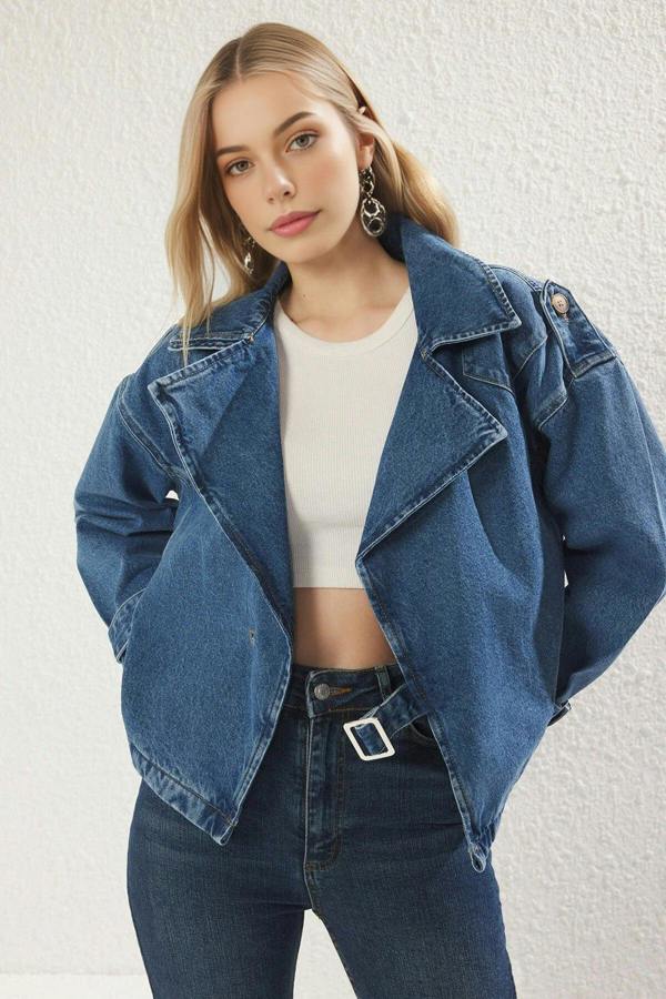 WOVCOR Double-Breasted Oversize Denim Blazer Jacket with Belt Buckle