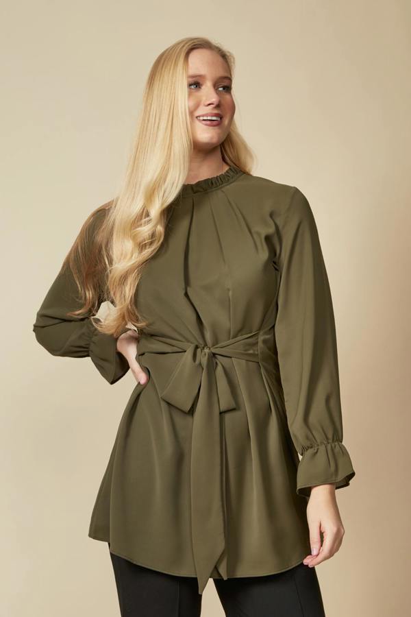 Hoxton Gal Oversized Tie Ruffle Neck Top with Tie Waist Detailed in Khaki