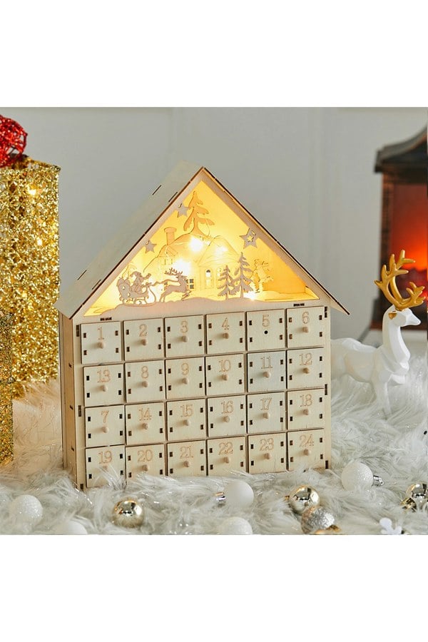 Living and Home DIY Old Man Deer Small House Calendar Cabinet with Light for Christmas countdown, 30cm L x 5cm W x 38cm H