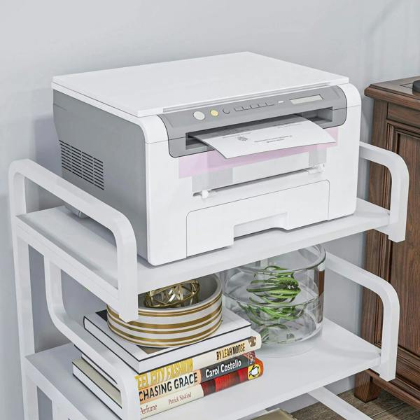 White 3-tier printer stand with close-up of a printer on the top shelf