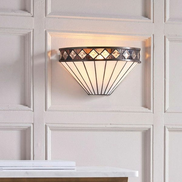 Tiffany Glass Wall Light Rich Cream & Diamond Trim Shade Interior Sconce i00247 Loops