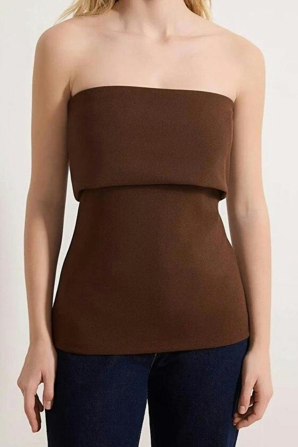 WOVCOR Strapless Neckline Side Zipper Crepe Knit Blouse