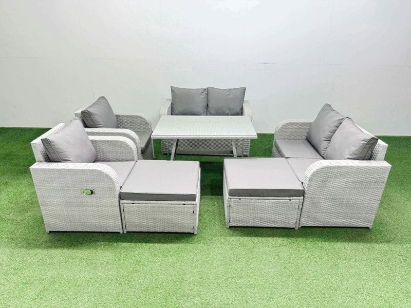 Fimous 8 Seater Rattan Garden Furniture Set Outdoor Love Sofa Set with Rectangular Dining Table 2 Big Footstools Light Grey