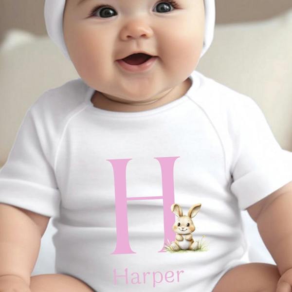 Personalised Bunny Pink Initial Baby Grow, Vest or Bib with Name