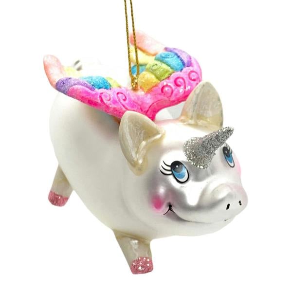 Ferncrest Trading Unicorn Pig Christmas Bauble Rainbow Winged Hanging Glass Decoration