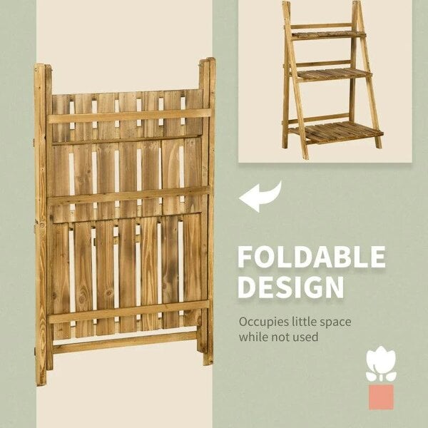 Bobobiy Wooden Folding Flower Pot Stand 3 Tier Garden Planter Display Ladder Gardener Storage Shelves Rack Herb Holder (60L x 37W x 93H cm)