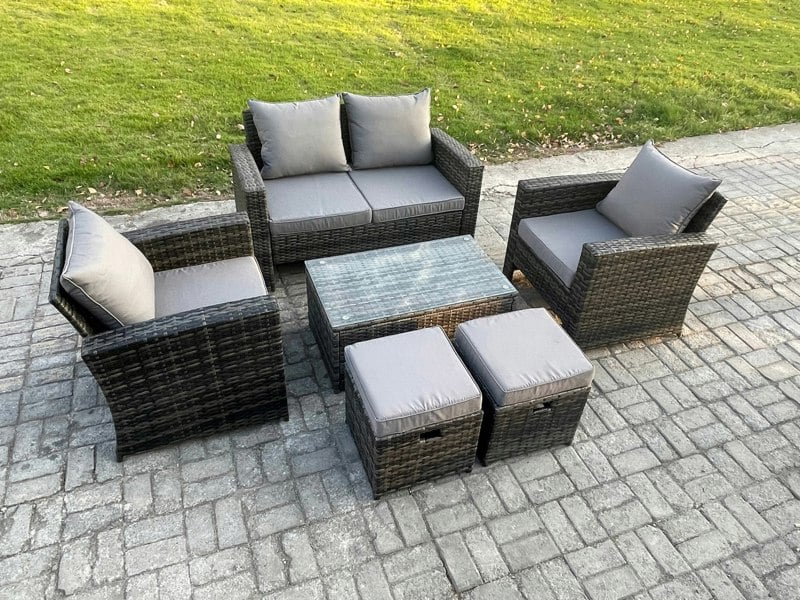 Fimous 6-Seater Dark Grey Wicker PE Rattan Outdoor Sofa Set | Rectangular Coffee Table, Double Sofa, 2 Footstools