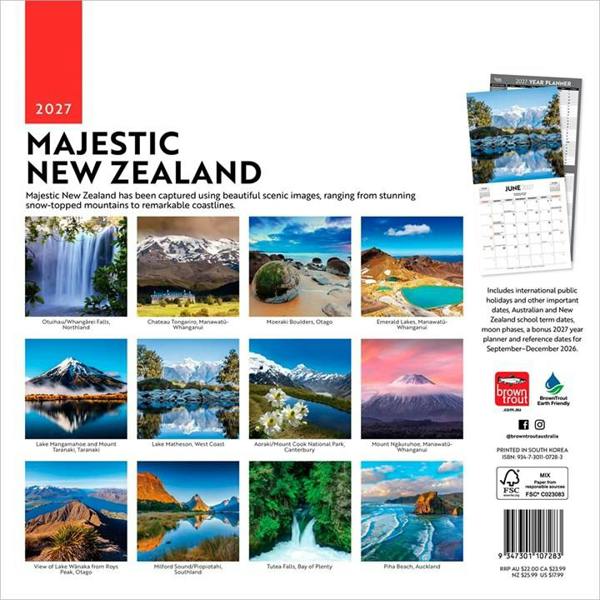Majestic New Zealand Calendar 2027, Wall Calendars, Month To View, Travel, Gift
