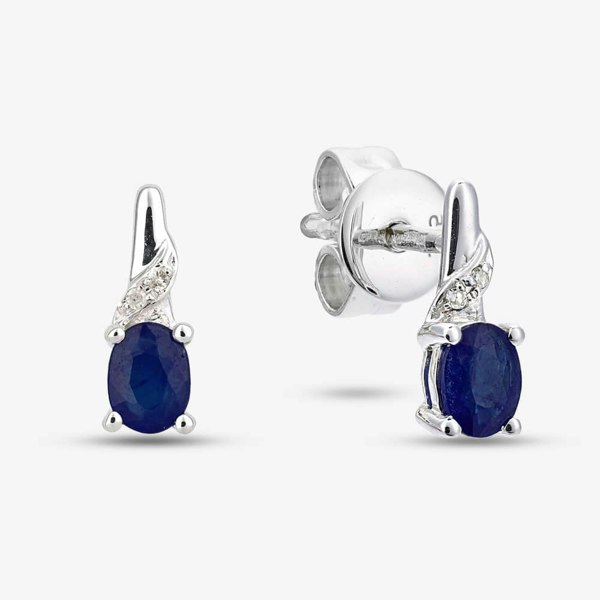 T. H. Baker 9ct White Gold Oval Sapphire & Diamond Twist Stud Earrings DE1612WSA