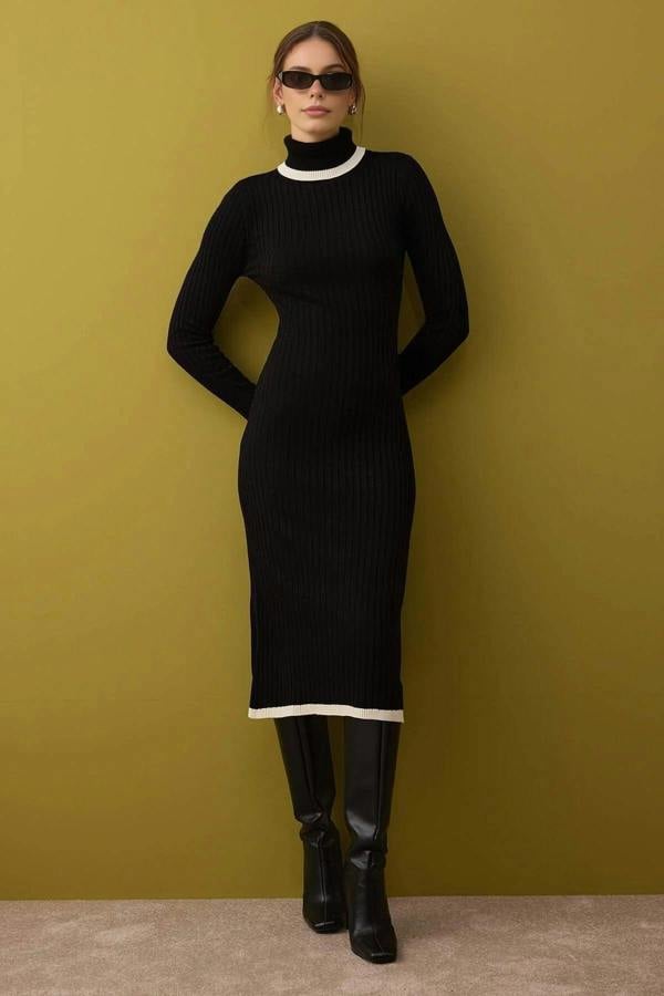 WOVCOR Color Blocked Midi Turtleneck Knit Dress