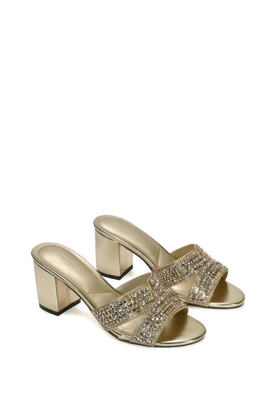XY LONDON Sparkly Diamante Strappy Mid Block Heeled Sandal Mules