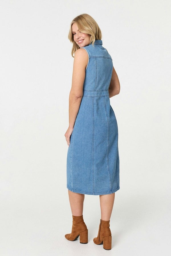 Blue | Denim Button Sleeveless Midi Shirt Dress
