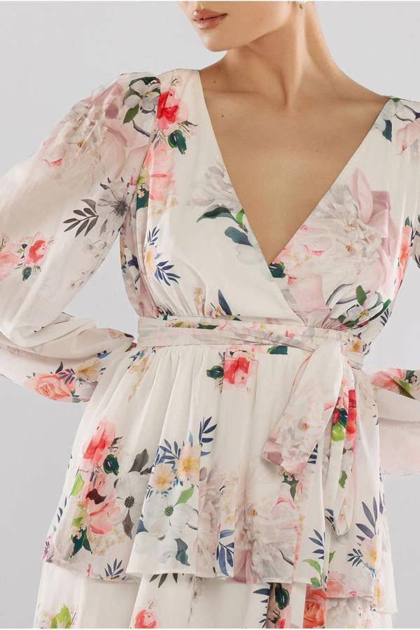 Sustainable Tiered Wrap Floral Mini Dress - White Floral DR4655BBS