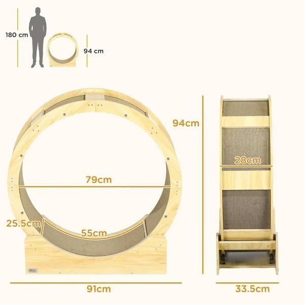 Cat exercise wheel in oak tone with grey running track and hinged side panel