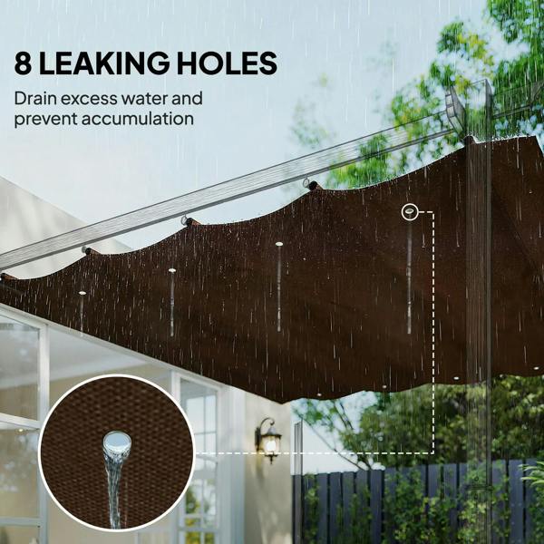 Brown retractable pergola roof shade top with drainage/leak holes and grommet seams