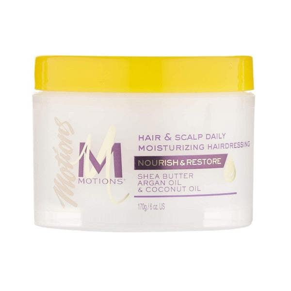 Jar of Motions hair and scalp daily moisturizing hairdressing with a yellow lid on a white background