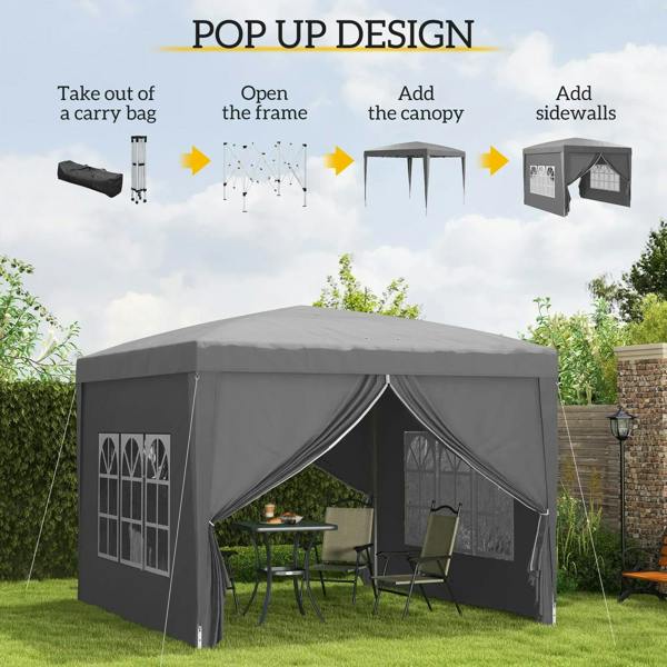 Grey pop-up gazebo canopy with sidewalls and window panels, with draped doorway