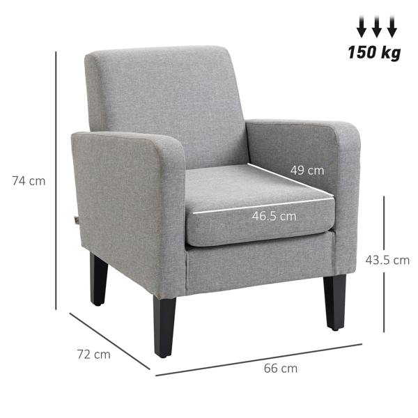Light grey boxy armchair with front dimensions and black legs