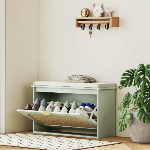 Wyld Haus Rikena Coyo Wooden Light Green Boho Style Shoe Bench With Cushioned Seat And Flip Drawer
